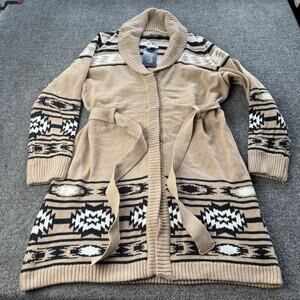 Chaps Southwestern Cardigan Belted Sweater Women’s Large Shawl Collar Tan Brown